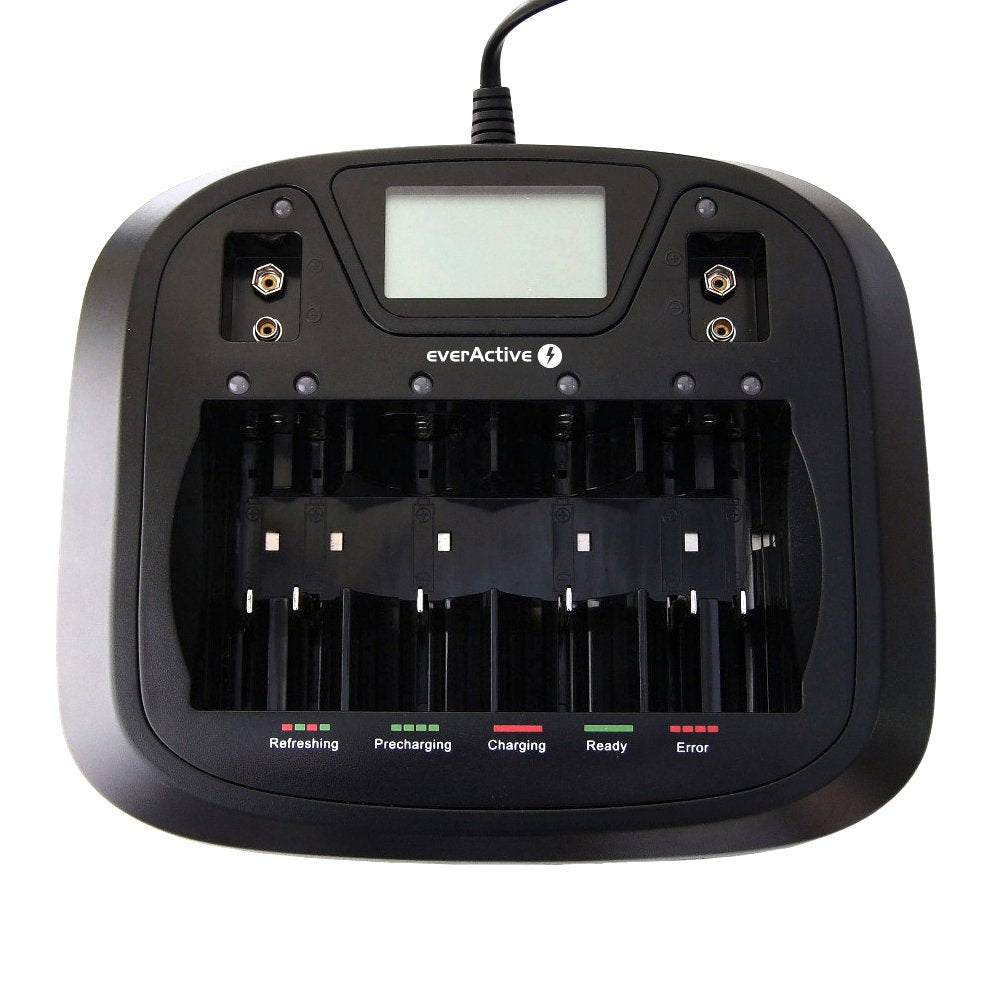 everActive Ladegerät für 8 Akkus AAA AA C D 9V, universal und schnell, vollautomatisch, LCD mit proz