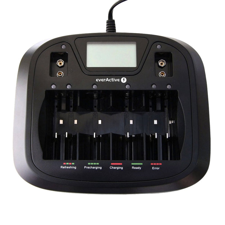 everActive Ladegerät für 8 Akkus AAA AA C D 9V, universal und schnell, vollautomatisch, LCD mit proz