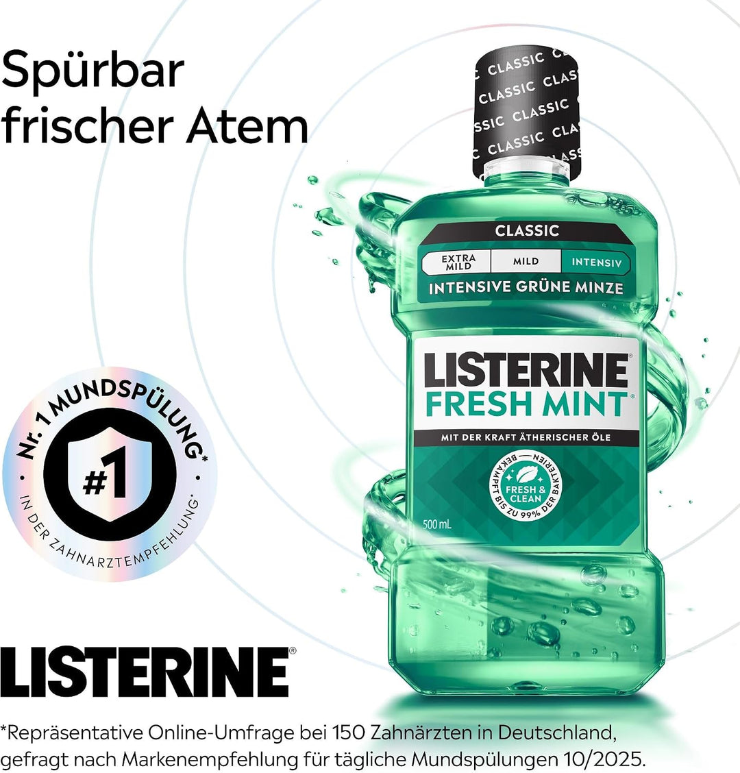 Listerine Fresh Mint (6 x 500 ml), antibakterielle Mundspülung mit ätherischen Ölen für einen frisch