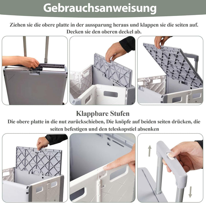 Einkaufstrolley mit Rollen Klappbar, Einkaufskorb mit Deckel und neigbarer Teleskopgriff, Multifunkt