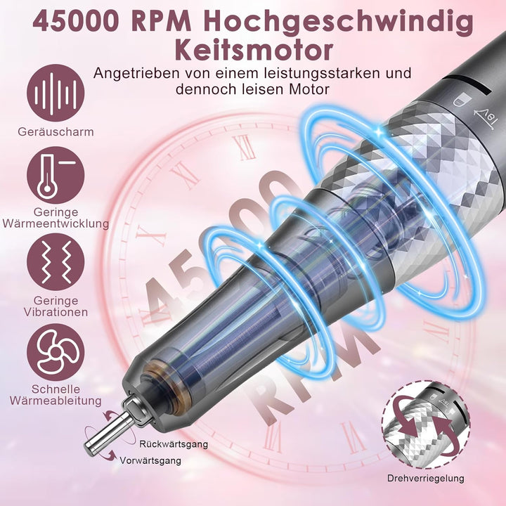 Dreamhigh® Professionelle Nagelfräse 45.000 U/min, Elektrische Nagelfeile, Nagelfräser, Tragbares Ma