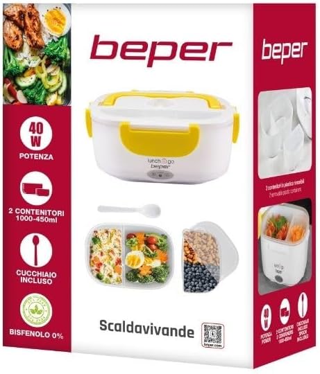 Beper Lunch & Go - Wärmende Lunchbox, tragbarer elektrischer Speisenwärmer, 2 herausnehmbare Behälte