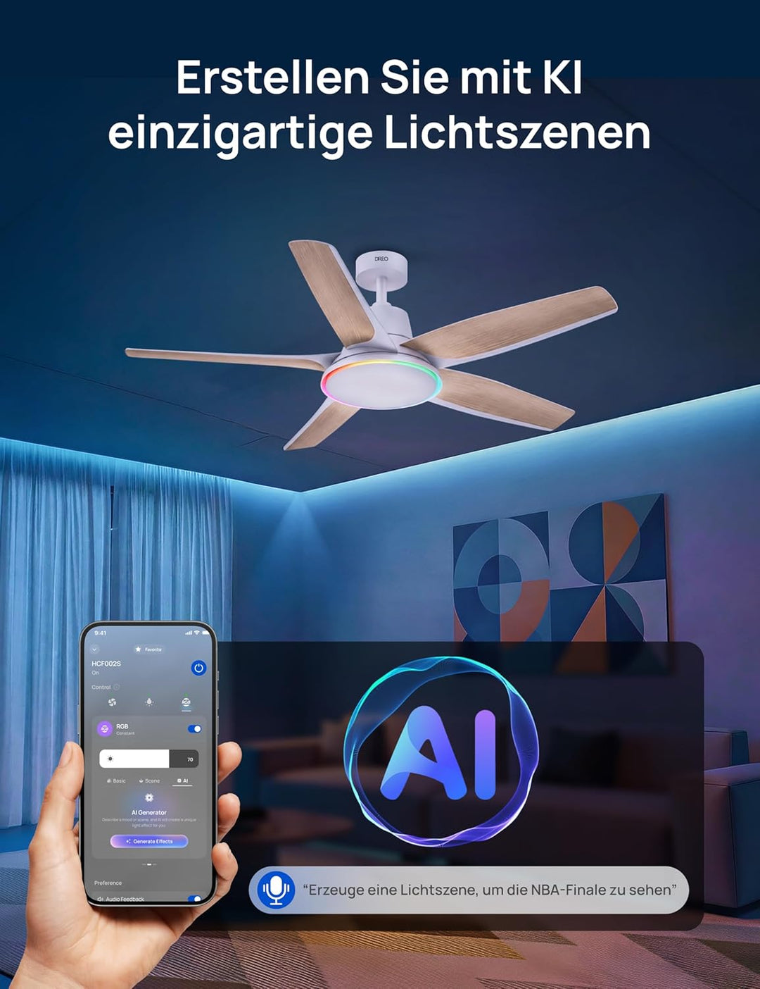 DREO Smarter Low-Profile-Deckenventilator mit Licht, 132 cm, dimmbare LED mit einstellbarer Farbtemp