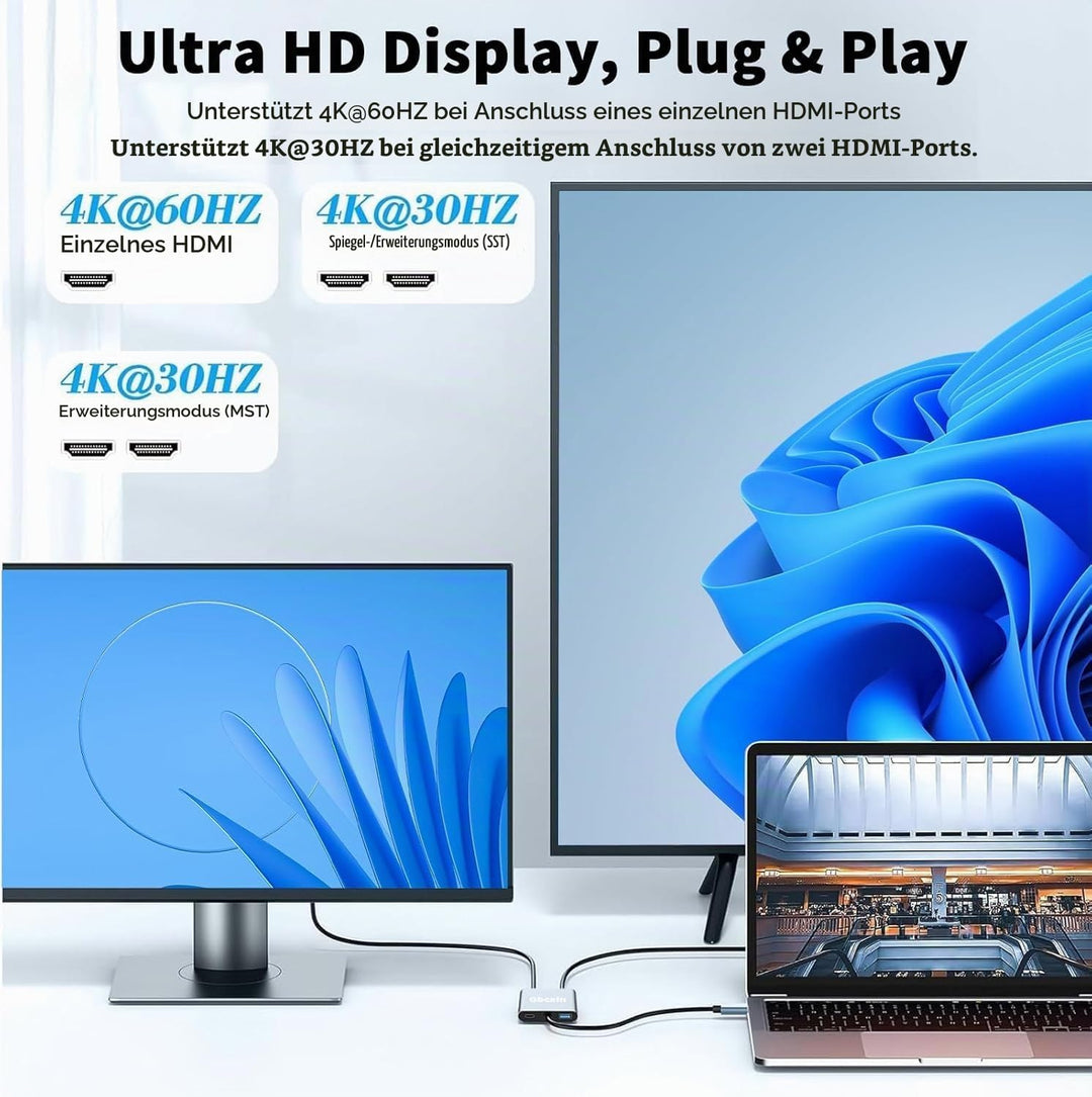 USB C auf Dual HDMI Adapter, 4 in 1 Typ C to HDMI Splitter for Dual Monitors mit 2 * 4K+USB 3.0+PD 1
