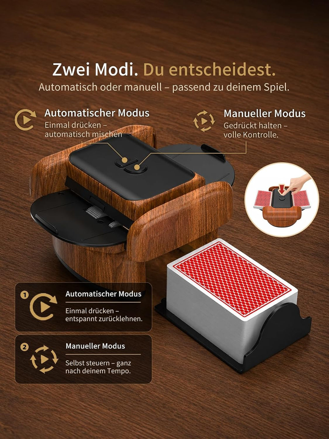 Automatischer Kartenmischer, 2 Laufmodi, Aufladbar mit Langzeit-Batterie, Geräuschlos, für UNO, Poke
