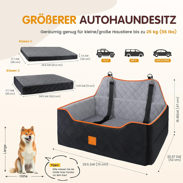Hunde-Autositz für Hunde unter 25 kg oder 2 kleine Hunde, Sicherheits-Memory-Schaum-Autositz mit 2 K