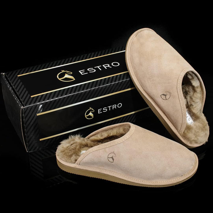 ESTRO Lammfell Hausschuhe Herren Pantoffeln Leder - Warm Lammfellhausschuhe Sheepskin Slippers Warme