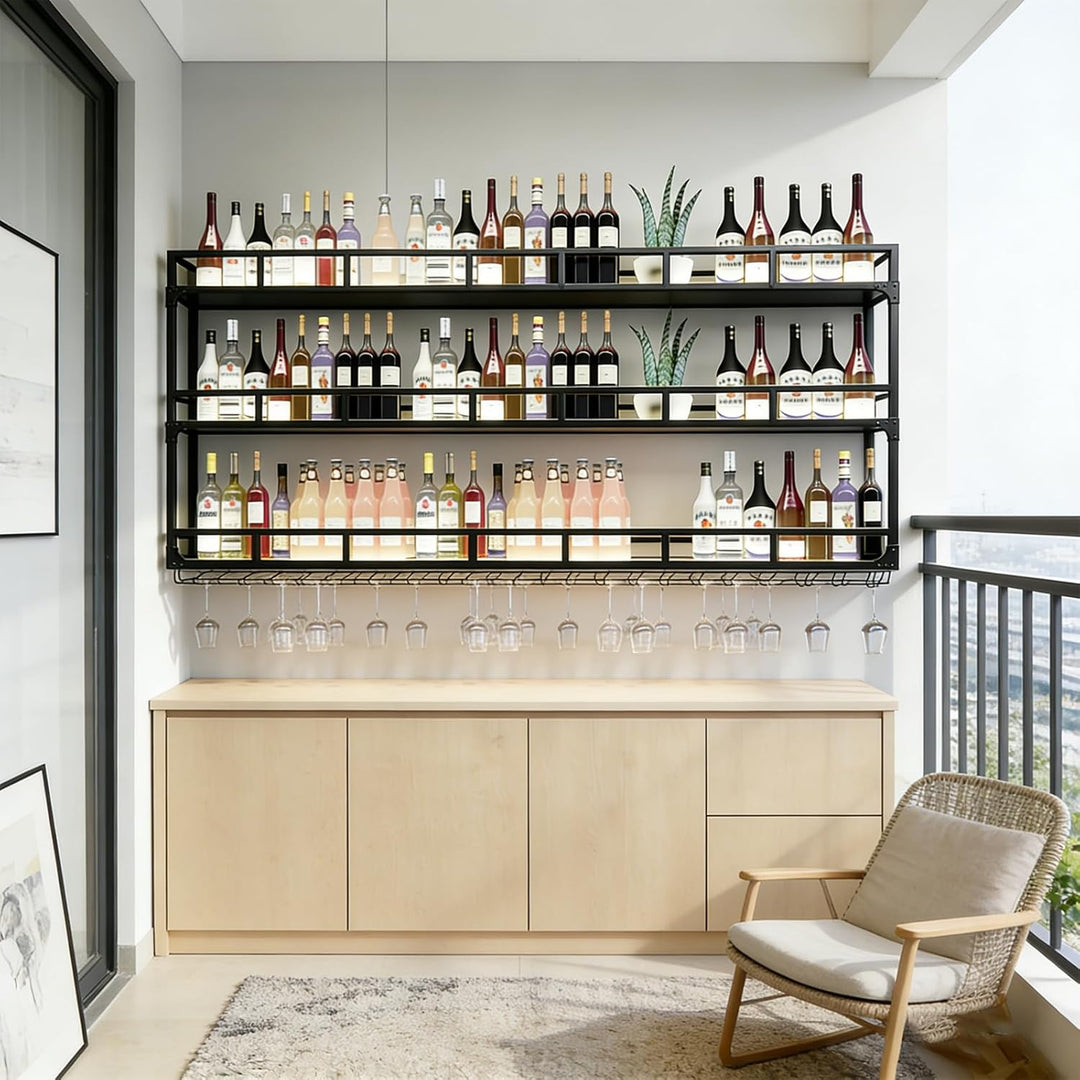 Weinregal Wand, 3 Ebenen Wand-Weinregale mit Glashalter, Multi funktionaler Weinpareite Display Rack