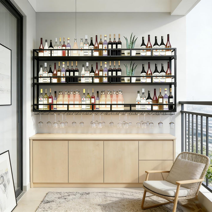 Weinregal Wand, 3 Ebenen Wand-Weinregale mit Glashalter, Multi funktionaler Weinpareite Display Rack
