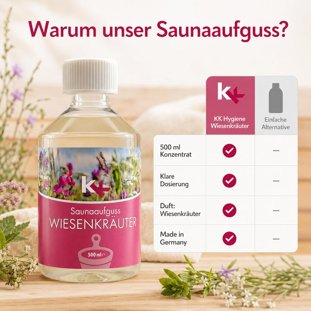 KK Sauna Aufguss Konzentrate PREMIUM - Made in Germany - Duftsorte Wiesenkräuter - 500 ml Flasche -