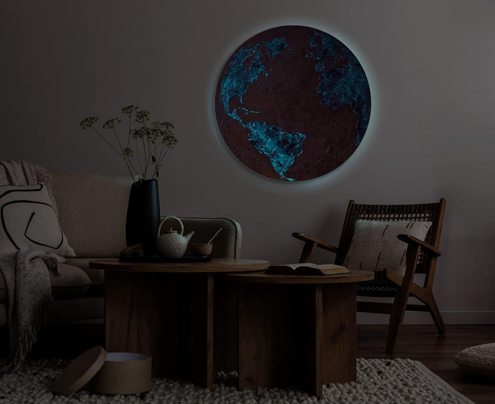 YS-Art Abstrakt Fluoreszierendes leuchtendes Acryl 3D Gemälde auf runder Leinwand Silberner Planet h