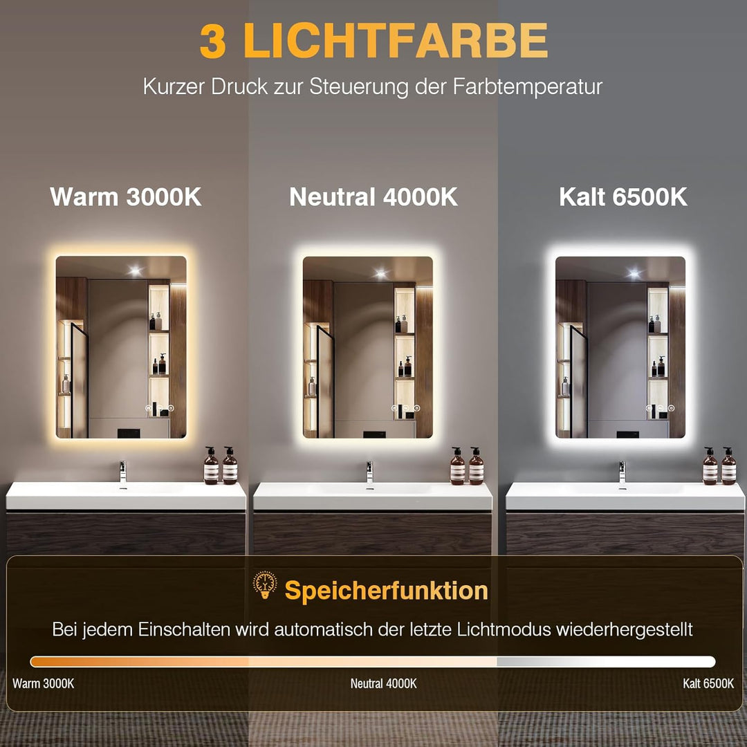 Badspiegel mit Beleuchtung, Led Spiegel Bad mit Licht, Antibeschlag, 3 Lichtfarben, Dimmbar, Speiche