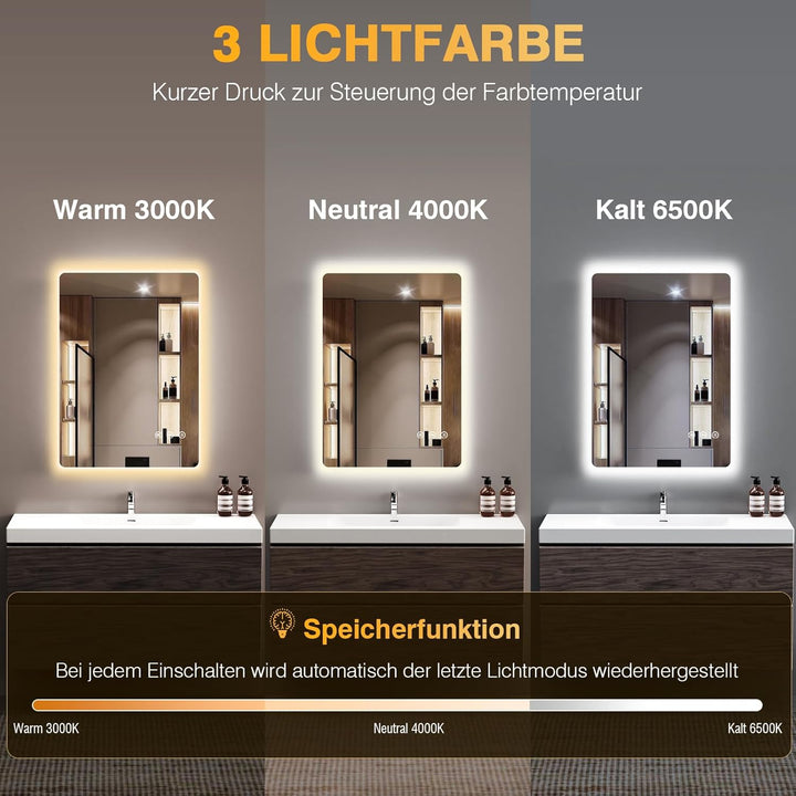 Badspiegel mit Beleuchtung, Led Spiegel Bad mit Licht, Antibeschlag, 3 Lichtfarben, Dimmbar, Speiche