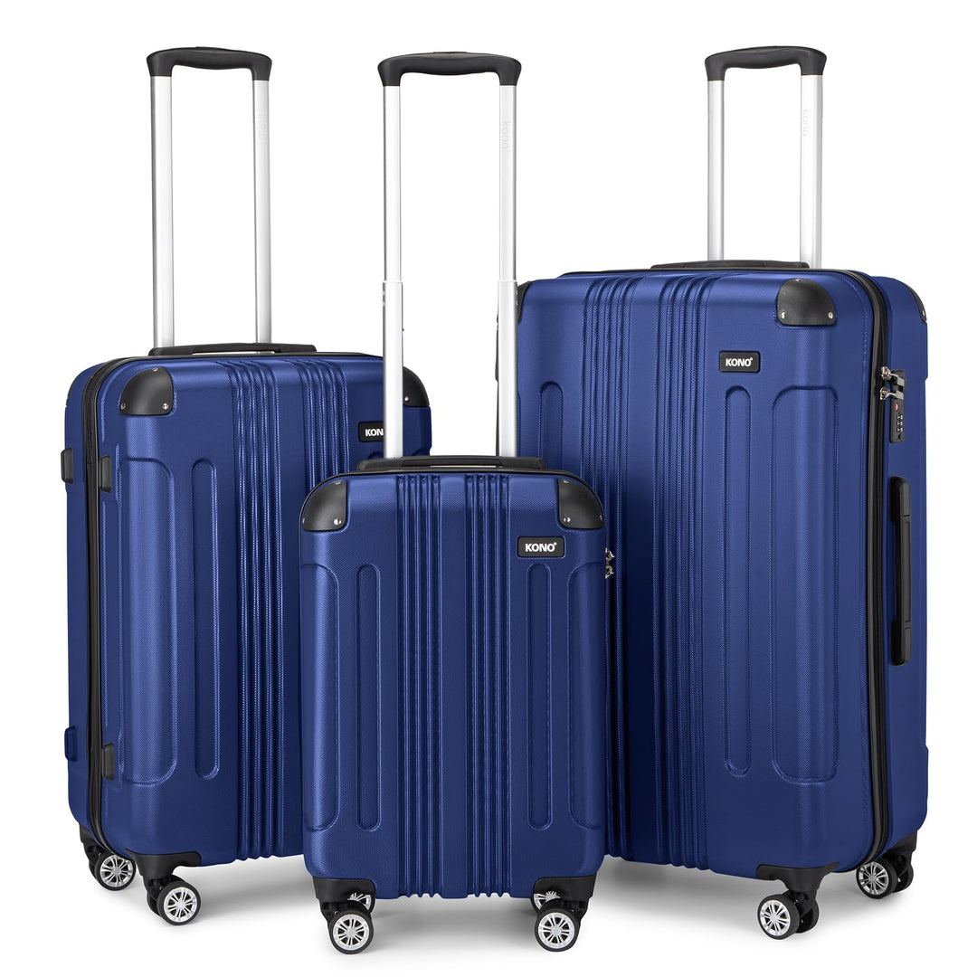 KONO Hartschale Gepäck Leichten ABS Reisekoffer Rollenkoffer 4 Rollen Dunkelblau 3 Teilig Kofferset,