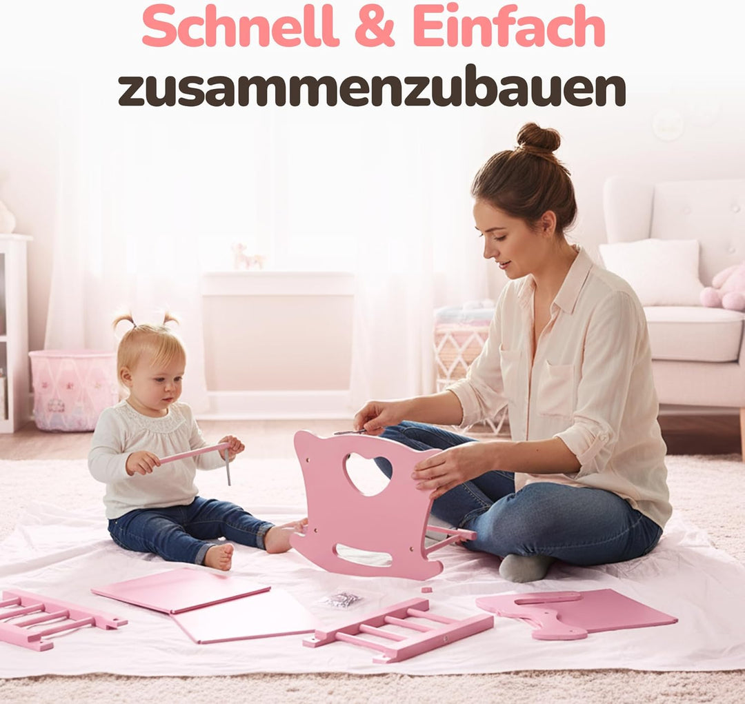 Kinderplay Holz Puppenwiege mit Bettwäsche – Schaukelbett für Puppen bis 49,5 cm – Nachhaltiges Holz