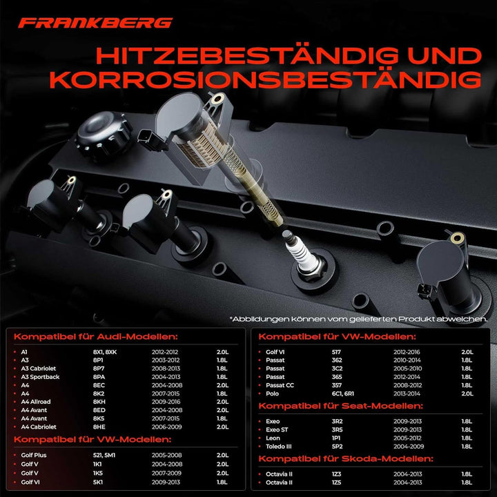 Frankberg 4x Zündspule für A1 A3 A4 A5 A6 A8 Q3 Q5 R8 TT Octavia Superb Altea Exeo Leon Beetle Golf