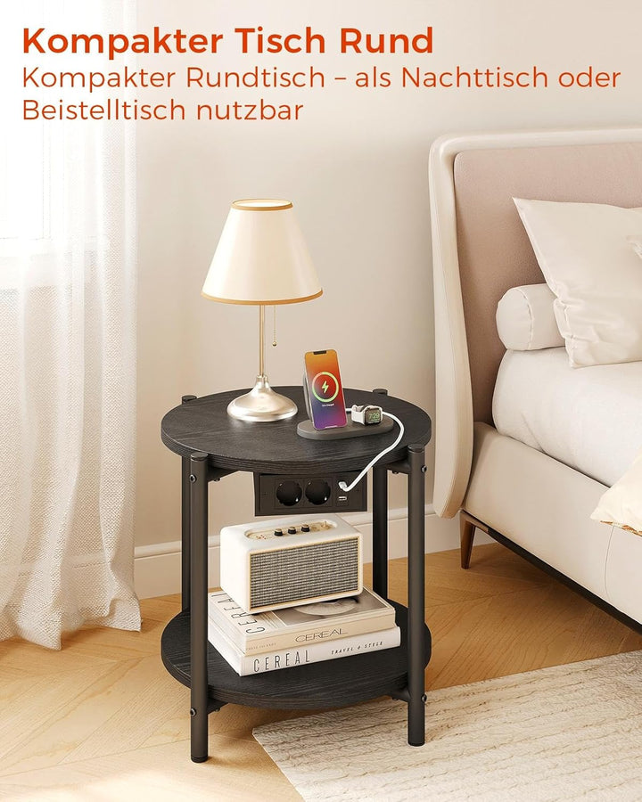 IRONCK Beistelltisch rund, Couchtisch mit Steckdose, Kleiner Tisch Holz, Wohnzimmertisch 2 Ablagen,S