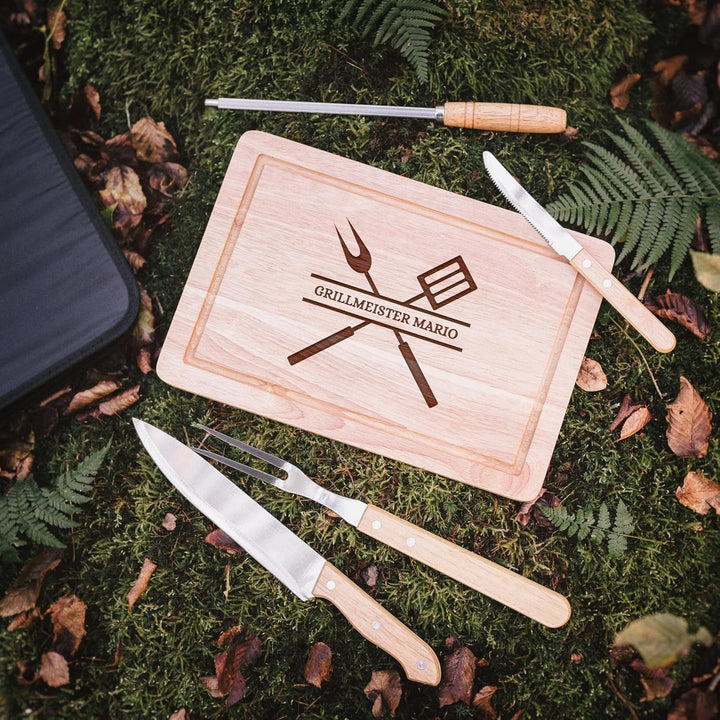 Grillset mit Messer im Messerset, Grillen Geschenk, Grill Accessories, Grillbrett, Geschenke für Män