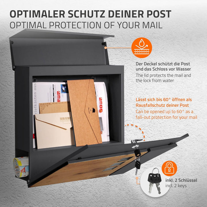 ML-Design Briefkasten 37x36,5x11 cm Anthrazit/Holzoptik aus Stahl, Postkasten mit Zeitungsfach, Absc