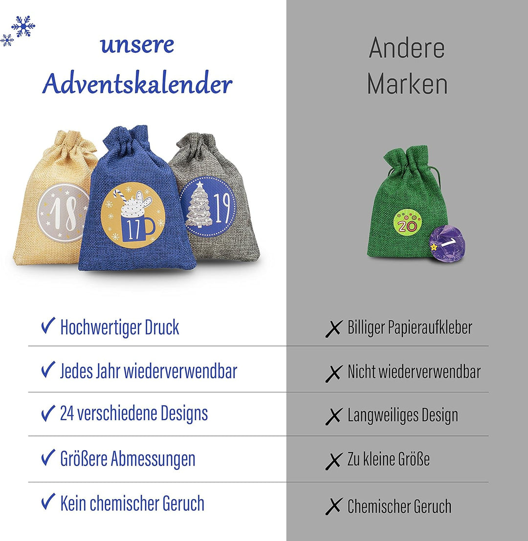 Adventskalender zum Befüllen [24 Stück] Weihnachtskalender 2025 Jutesäckchen 15 x 12cm Gross, Weihna