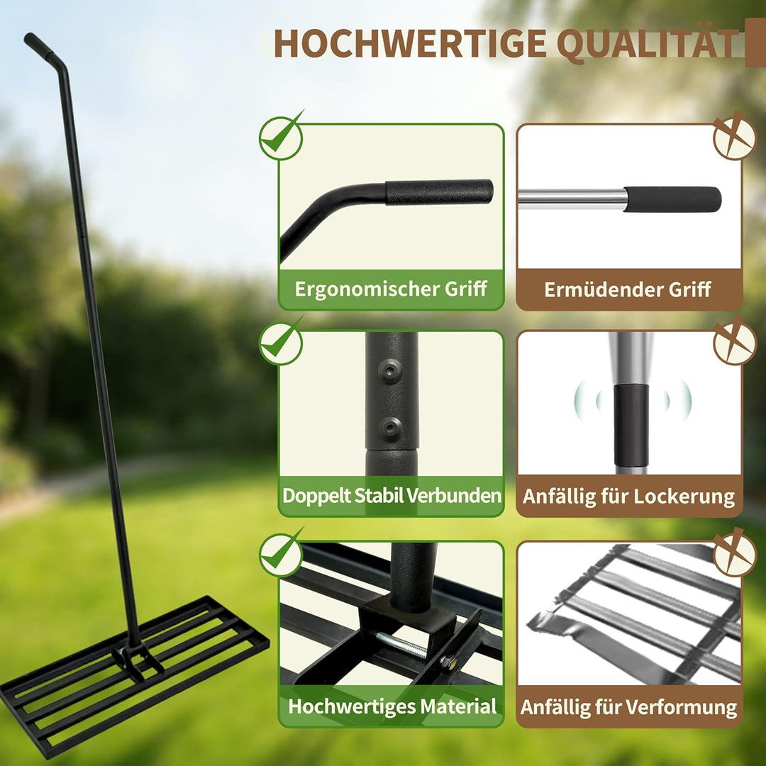 Rasen Rakel 75x25cm Rückenschonend, Rasennivellierer mit ergonomisch gebogenem 185cm Griff, Metall N