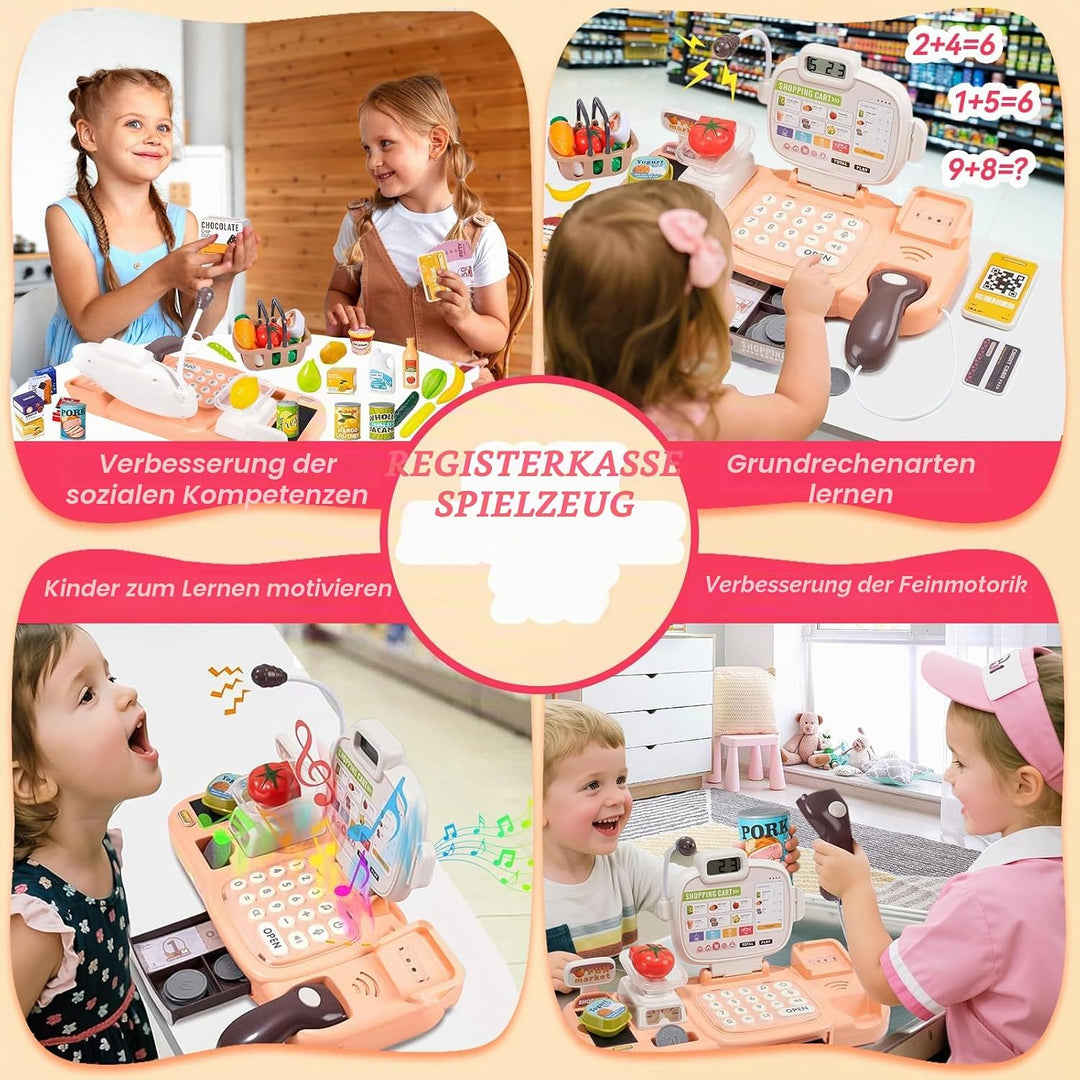 Kinder Spielkasse mit Scanner und Sound, Kaufladen-Spielzeugkasse, 72 Zubehör (Rechner, POS, Spielge