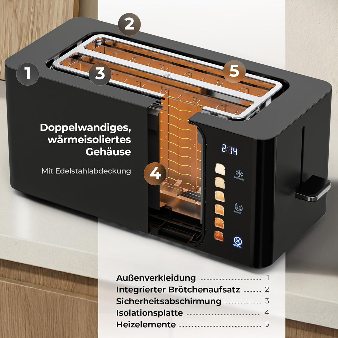 Balter Toaster 4 Scheiben Touch Bedienung, Langschlitz, Edelstahl, Brötchenaufsatz, LCD Display Rest