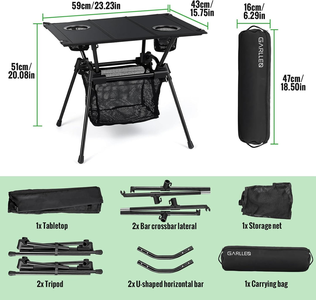 GARLLEN Campingtisch klappbar, 60x43x51cm Camping Tisch Klapptisch mit Getränkehalter, Netztasche &