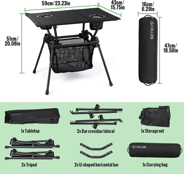 GARLLEN Campingtisch klappbar, 60x43x51cm Camping Tisch Klapptisch mit Getränkehalter, Netztasche &