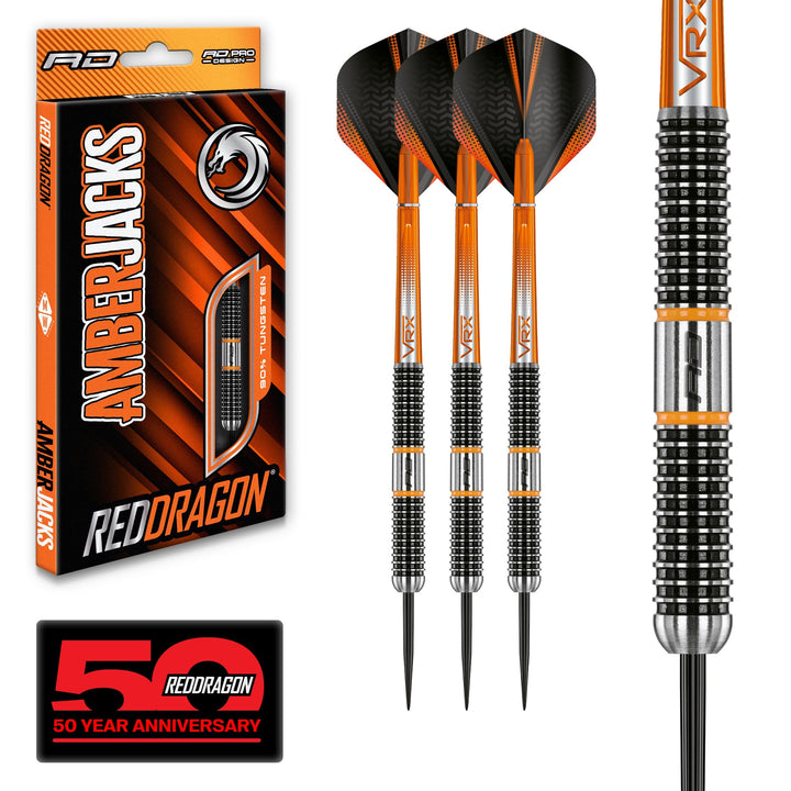 RED DRAGON Amberjack Series Steel Profi Dartpfeile Steeldarts Set mit Flights und Schäfte 22.0 Gramm