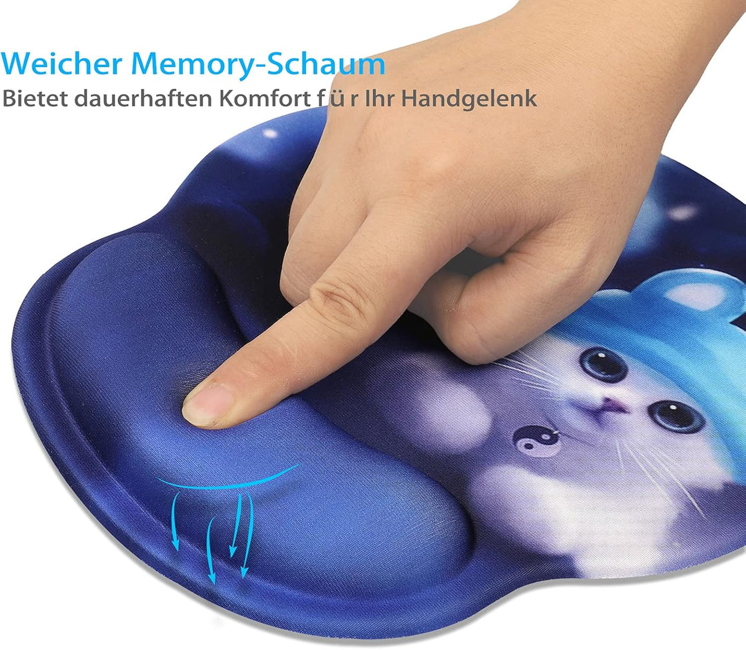 CHUQING Mousepad mit Handauflage Motiv,Mauspad mit Gelkissen und Handgelenkauflage,Blaue Katze,rutsc