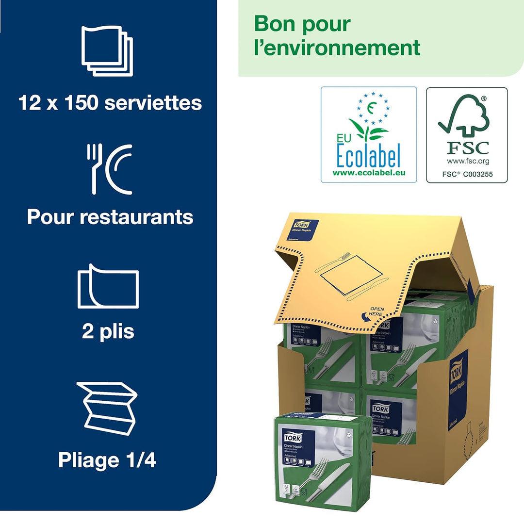 Tork Serviette Dinner vert foncé, pliage 1/4 2 plis, 40 cm x 39 cm, 12 x 150 serviettes, 478757 Dunk