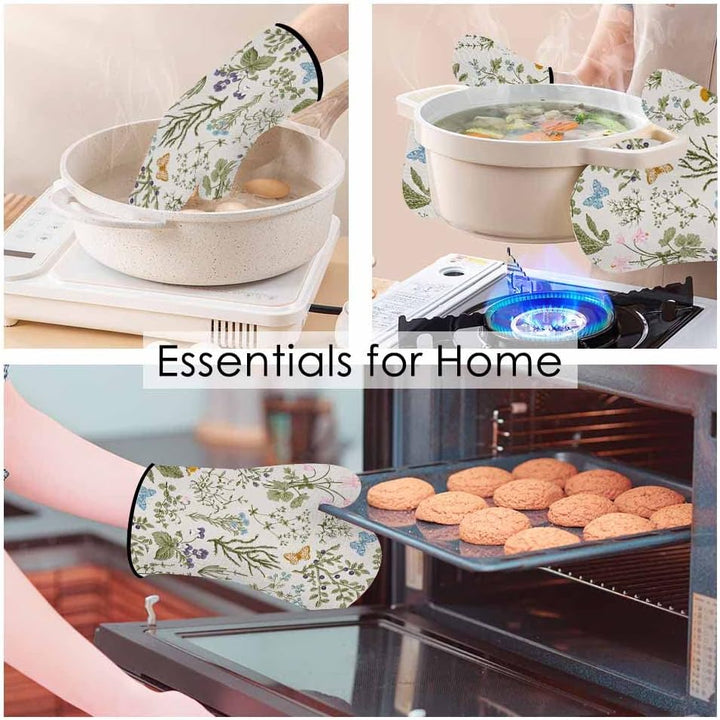 Blumen-Ofenhandschuhe und Topflappen-Set, Wildblumen, Kräuter, hitzebeständig, 3 Stück zum Kochen, B