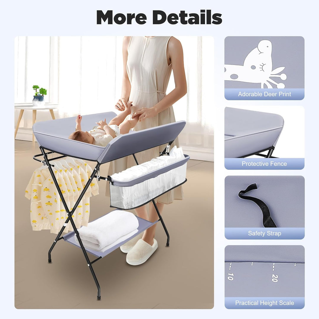 WOLEGM Baby Wickelkombi, Klappbare Wickelkommode, Mobiler Wickeltisch mit Sicherheitsgurt und Ablage