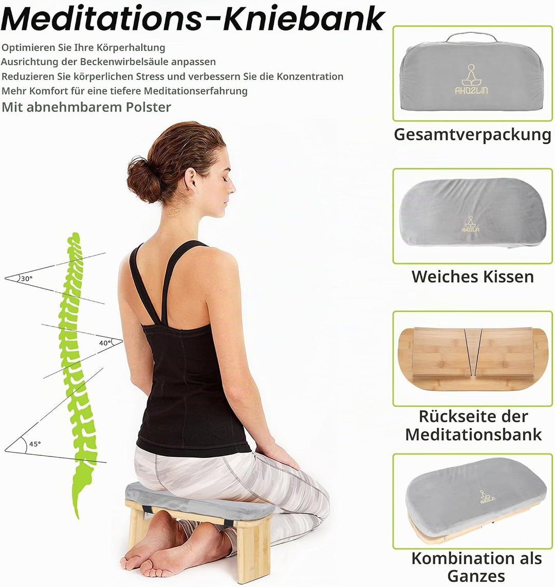 Meditationsbank Klappbar, Ergonomischer Bambus Yoga Hocker, Meditationshocker mit Kissen, Tragbarer
