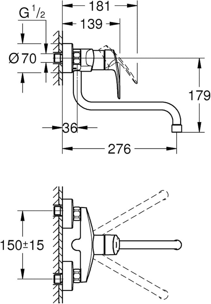 Grohe Wand-Spültisch-Einhebelmischer Eurosmart chr, schwenkb. Auslauf, Ausladung 276mm