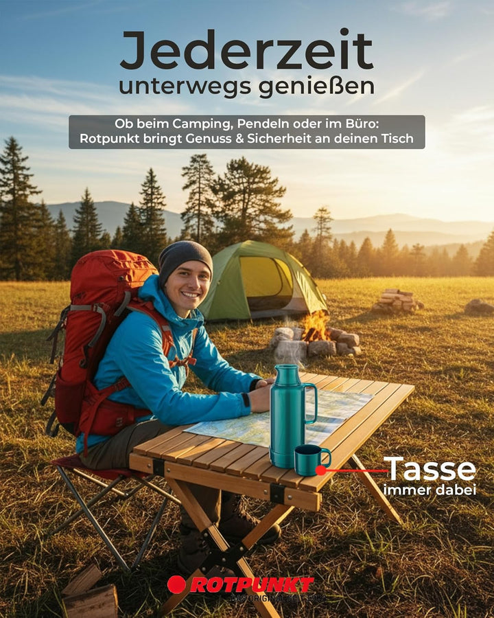 ROTPUNKT Isolierflasche 1 Liter mit integriertem Becher - Hochwertige Isolierkanne Made in Germany I