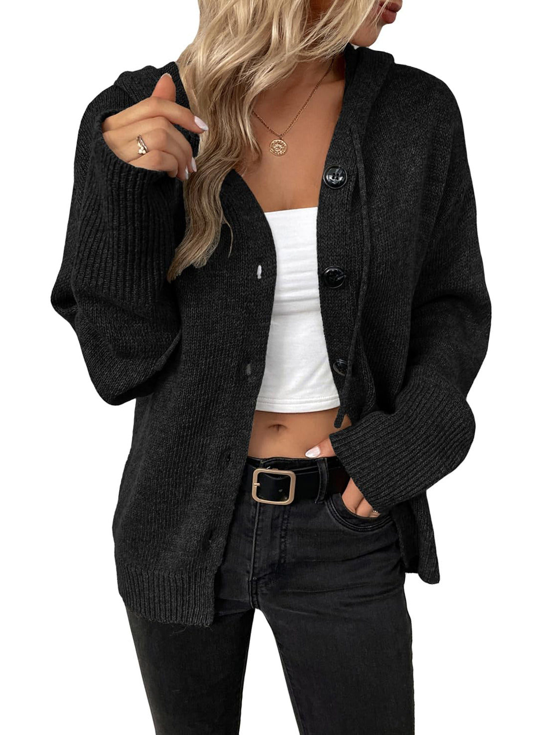 Vcindai Damen Langarm Grobstrickjacke Kurz Strickjacke Herbst Winter Strickmantel mit Kapuze M Schwa