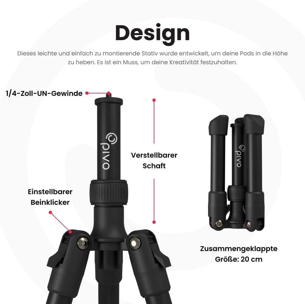 Pivo Stativ Mini ausziehbarer und Leichter Aluminiumständer für Smartphone und Kamera, 35 cm, mit un