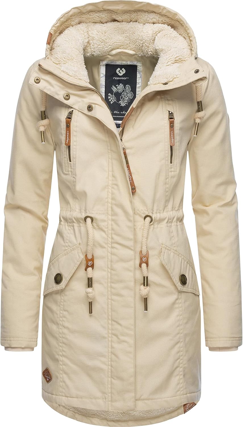 Ragwear Damen Mantel Lange warme Winterjacke mit Teddyfell-Kapuze Elsie Intl XS-5XL S Beige22, S Bei