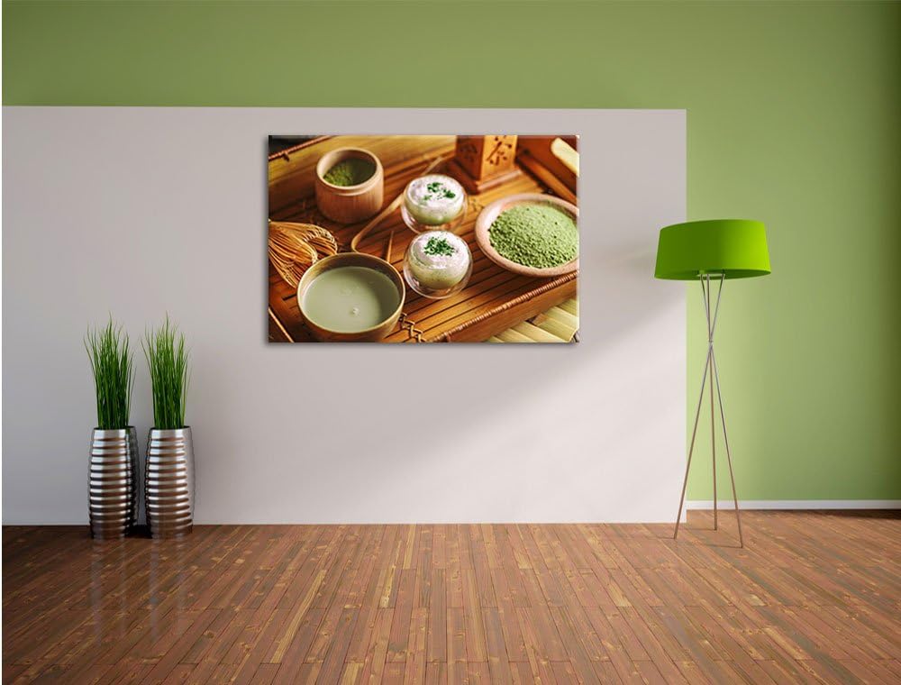 Pixxprint schön dekorierter Matcha Tee / 100x70cm Leinwandbild bespannt auf Holzrahmen/Wandbild Kuns