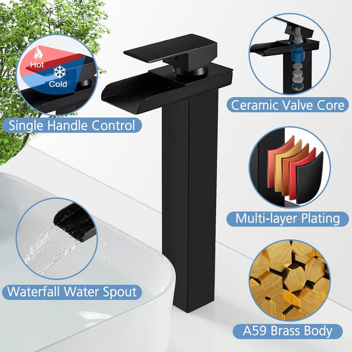 Wasserhahn Bad Schwarz Wasserfall Waschtischarmatur Hoch mit Auslauf 265mm | Messing Einhebel Mischb