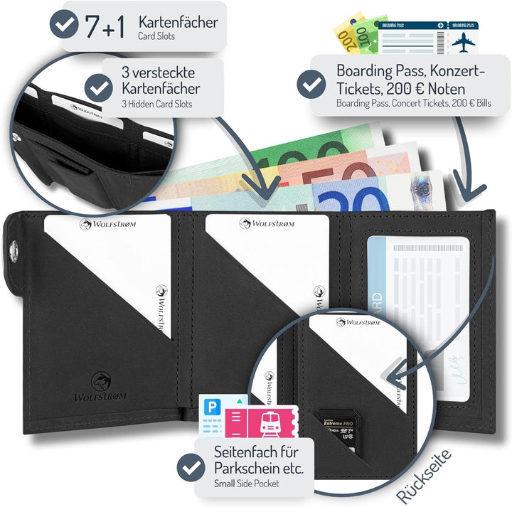 Wolfstrøm Slim Wallet mit Münzfach 'Ludvig' I 7+1 Karten Mini Geldbörse Herren klein, RFID Blocker I