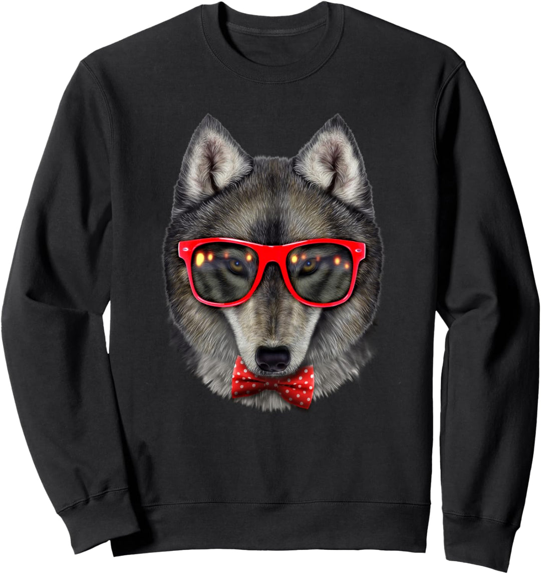 Grauer Wolf, der rote Retro-Sonnenbrille mit Fliege trägt Sweatshirt