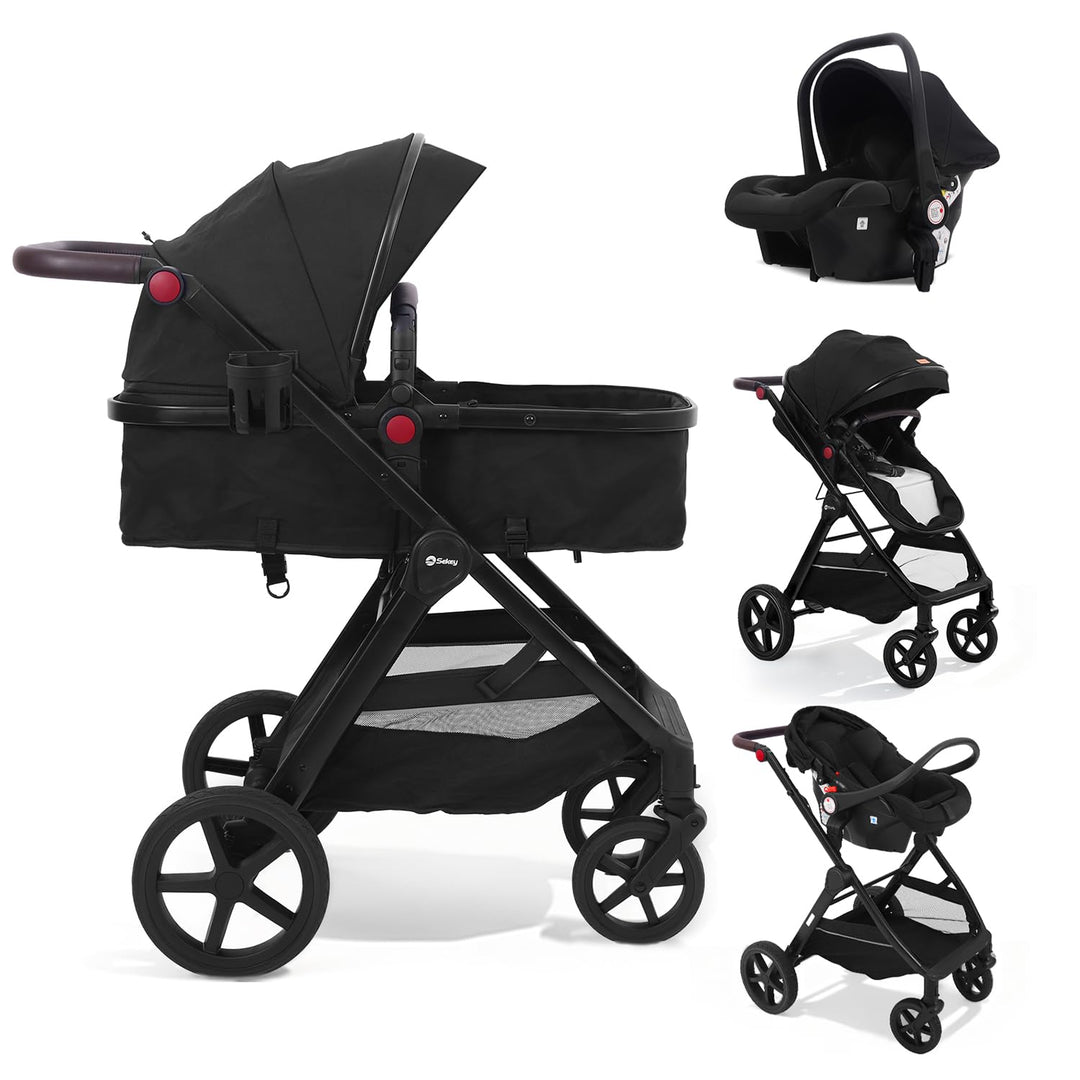 Sekey Kombi Kinderwagen Baby 3 in 1 Komplettset mit Regenschutz und Moskitonetz, Kinderwagen mit Lie