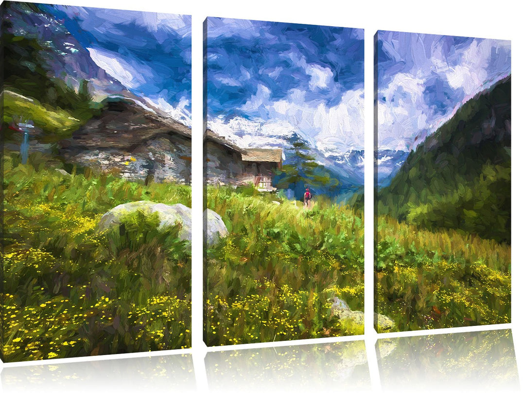 Pixxprint Berghütte Pinsel Effekt 3-Teiler Leinwandbild 120x80 Bild auf Leinwand