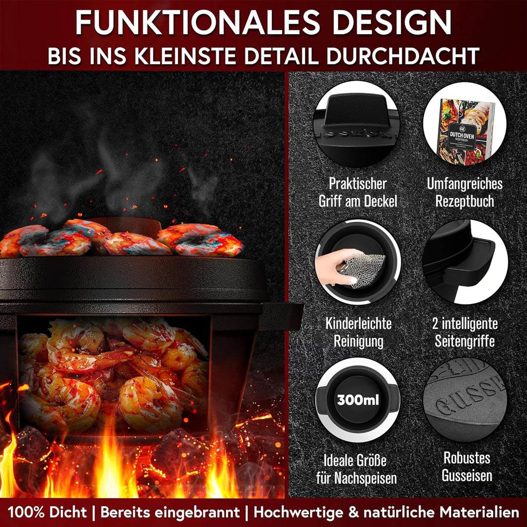 GUSSKÖNIG Dutch Oven Set Mini - 6x 300ml Gusseisen Mini Topf mit Deckel - bereits eingebrannter Mini