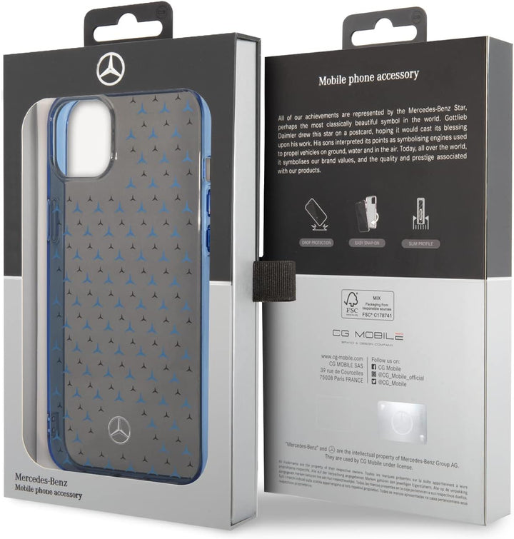 CG MOBILE Mercedes-Benz Schutzhülle für iPhone 14 Plus in Schwarz/Blau Big Star Muster, Anti-Scratch