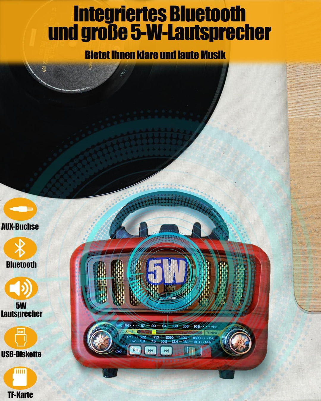 Retro Radio mit Bluetooth, AM/FM/SW Tragbares Radio Klein 5W grosser Lautsprecher und Bluetooth 5.0,