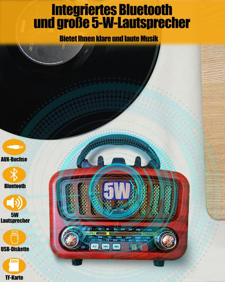 Retro Radio mit Bluetooth, AM/FM/SW Tragbares Radio Klein 5W grosser Lautsprecher und Bluetooth 5.0,